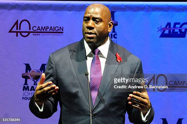 Earvin "Magic" Johnson speaks at a luncheon following the Magic Johnson Foundation Press Conference at Staples Center on November 7, 2011 in Los...