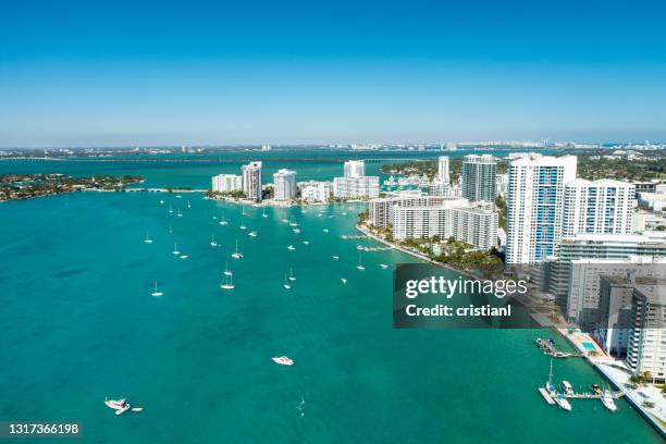 aerial drone view of miami beach from the intracoastal waterway - miami beach stock pictures, royalty-free photos & images