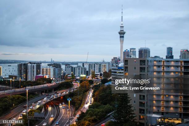 Commuter traffic streams out of central Auckland along the South-Western motorway and State Highway 1 on May 10, 2021 in Auckland, New Zealand....