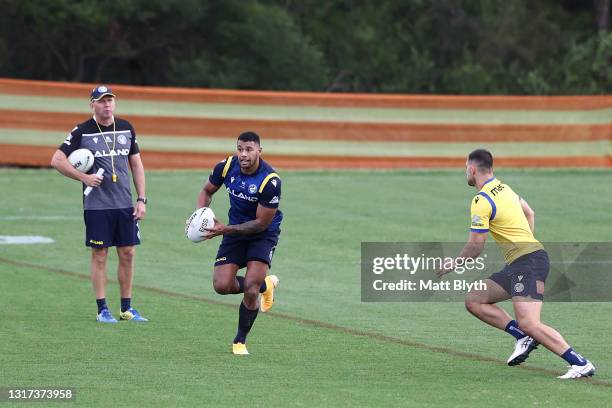 Waqa Blake of the Eels runs the ball during a Parramatta Eels NRL training session at Kellyville Park on May 11, 2021 in Sydney, Australia.