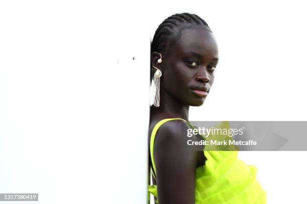 Model Koujayn poses ahead of the Aje Resort 22 Runway show at The Calyx, Royal Botanic Garden on May 11, 2021 in Sydney, Australia.