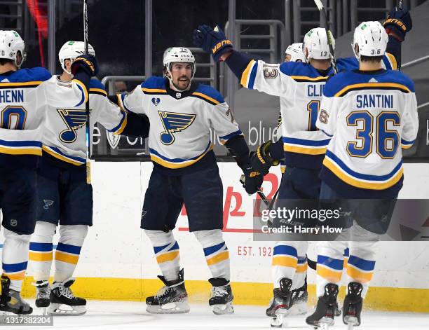 Justin Faulk of the St. Louis Blues celebrates his goal for a 2-1 overtime win over the Los Angeles Kings at Staples Center on May 10, 2021 in Los...