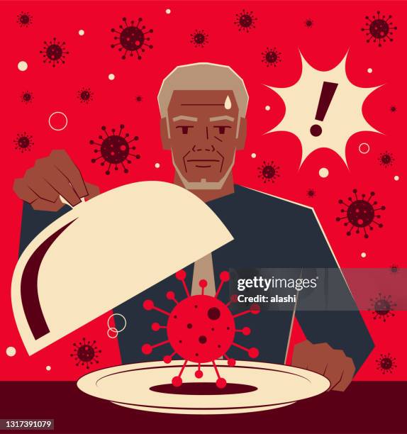 senior adult businessman taking the domed lid off a tray and finding coronavirus (covid-19, bacterium, virus) - rotavirus stock illustrations