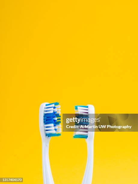 a pair of toothbrushes, one in front of the other, on a yellow background. minimalist concept of love and life as a couple. - toothpaste stock pictures, royalty-free photos & images