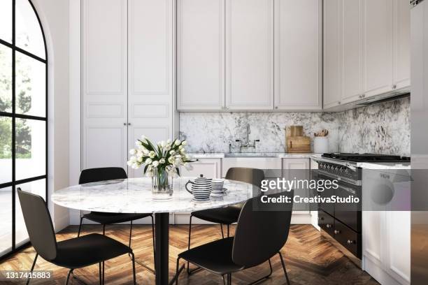 modern elegant kitchen stock photo - white kitchen stock pictures, royalty-free photos & images