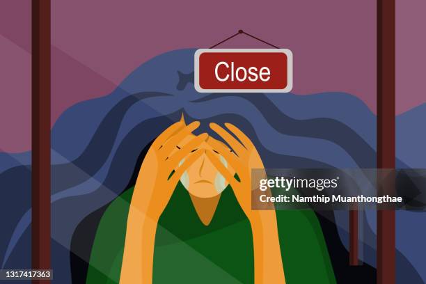 business goes down illustration concept shows a woman is crying when her business is closed because the lockdown in the city from the covid-19 disease pandemic around the world. - crying stock illustrations stock pictures, royalty-free photos & images