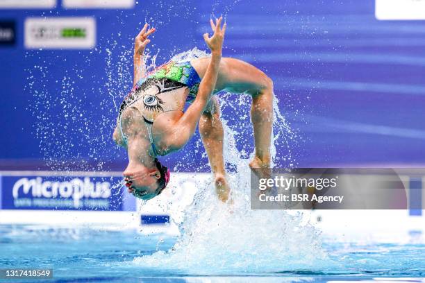 Eden Blecher of Israel and Shelly Bobritsky of Israel competing in the Duet Free Preliminary during the LEN European Aquatics Championships Artistic...