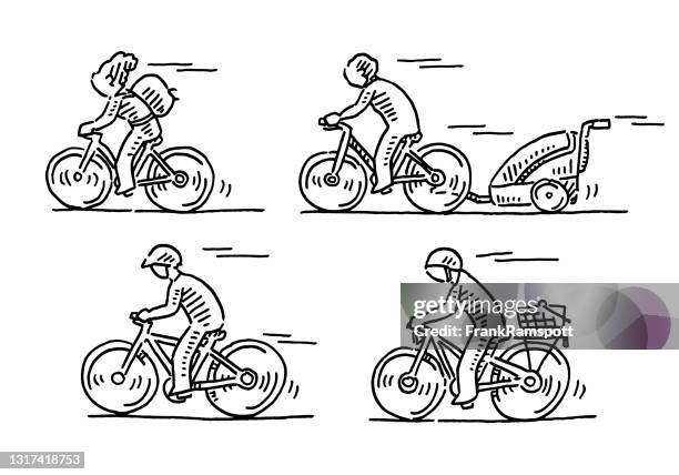 group of human figures on bicycles drawing - cyclist stock illustrations