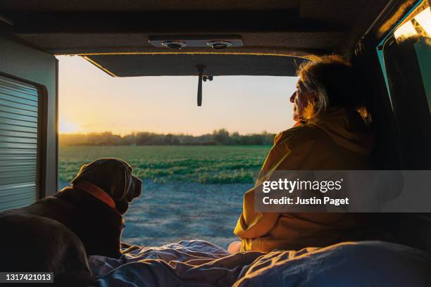 senior woman and her pet dog looking at the view from the back of her campervan - abendstimmung natur ruhe stock-fotos und bilder