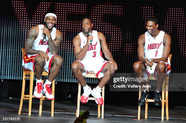 LeBron James, Dwyane Wade and Chris Bosh attend HEAT Summer of 2010 Welcome Event at AmericanAirlines Arena on July 9, 2010 in Miami, Florida.