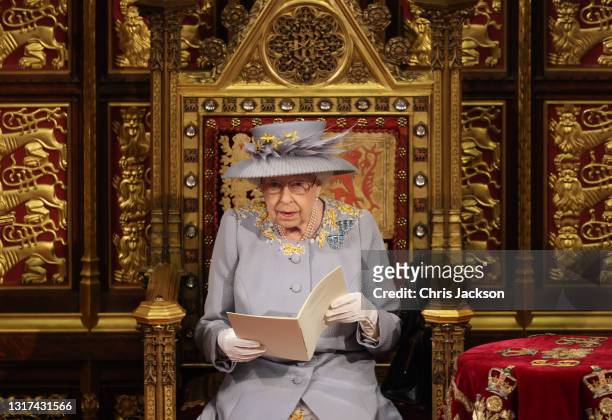 Queen Elizabeth II delivers the Queen's Speech in the House of Lord's Chamber during the State Opening of Parliament at the House of Lords on May 11,...