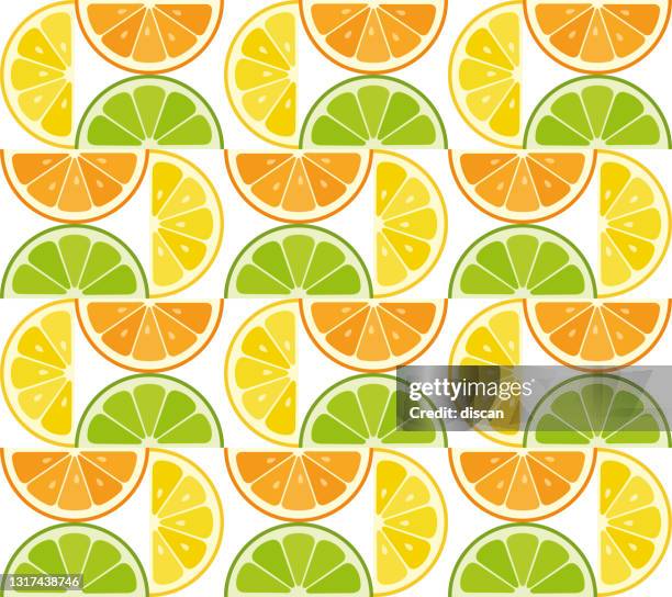 ilustraciones, imágenes clip art, dibujos animados e iconos de stock de patrón abstracto moderno sin costuras con rodajas de cítricos. - fruit drink