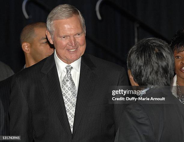 Jerry West attends 20th Anniversary of Magic Johnson's Retirement and Creation of the Magic Johnson Foundation Press Conference at Staples Center on...