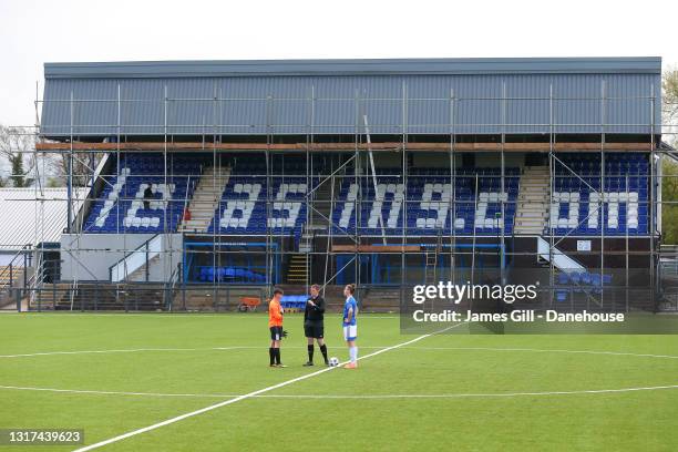 General view of the main stand is seen during refurbishing work at Moss Rose Ground the home of Macclesfield FC on May 05, 2021 in Macclesfield,...