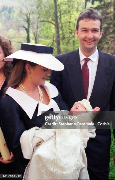 Archiduchess Francesca Von Habsburg and Archiduc Karl Von Habsburg pose with daughter Princess Eleonore von Habsburg during the baptism of Princess...