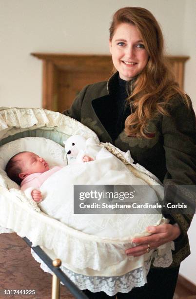 Archiduchess Francesca Von Habsburg poses with her daughter Princess Eleonore von Habsburg during the official presentation of Princess Eleonore von...