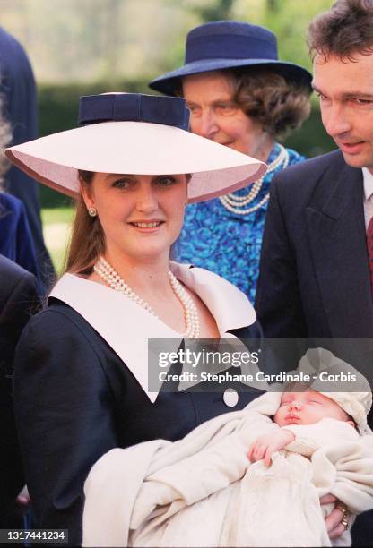 Archiduchess Francesca Von Habsburg poses with daughter Princess Eleonore von Habsburg during the baptism of Princess Eleonore von Habsburg on April...