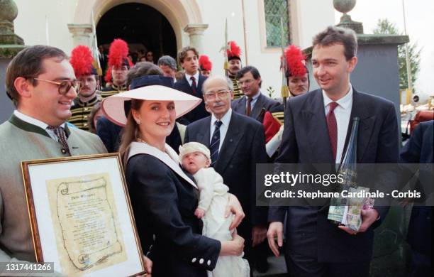 Archiduchess Francesca Von Habsburg, Princess Eleonore von Habsburg, Archiduc Otto Von Habsburg and Archiduc Karl Von Habsburg during the baptism of...