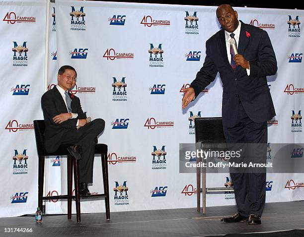 Dr. David Ho and Earvin "Magic" Johnson attend 20th Anniversary of Magic Johnson's Retirement and Creation of the Magic Johnson Foundation Press...