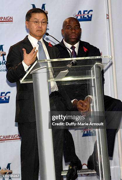 Dr. David Ho and Earvin "Magic" Johnson attend 20th Anniversary of Magic Johnson's Retirement and Creation of the Magic Johnson Foundation Press...