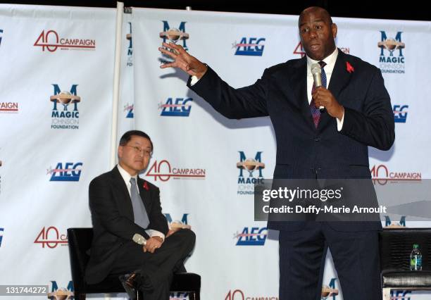 Dr. David Ho and Earvin "Magic" Johnson attend 20th Anniversary of Magic Johnson's Retirement and Creation of the Magic Johnson Foundation Press...