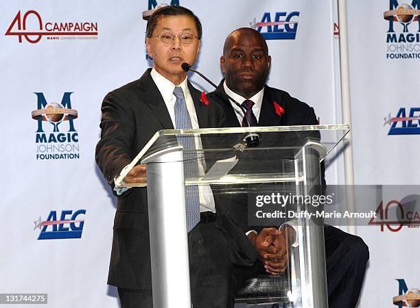 Dr. David Ho and Earvin "Magic" Johnson attend 20th Anniversary of Magic Johnson's Retirement and Creation of the Magic Johnson Foundation Press...