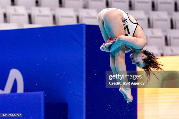 Anna Pysmenska of Ukraine competing at the Team Event Final during the LEN European Aquatics Championships 1m Springboard Preliminary at Duna Arena...