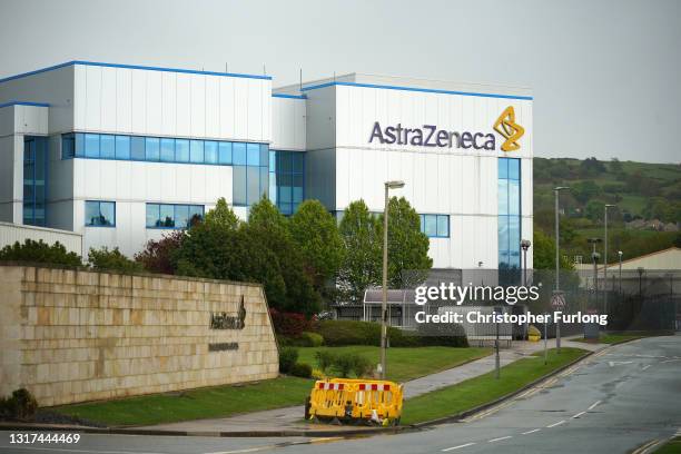 General view of signage outside the Macclesfield AstraZeneca site as protestors call for the pharmaceutical company to make the science behind the...
