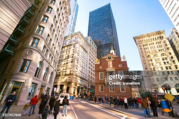 old state house and transportation of the downtown financial district. crowd tourist travel visiting american urban travel city concept - providence v massachusetts stock pictures, royalty-free photos & images