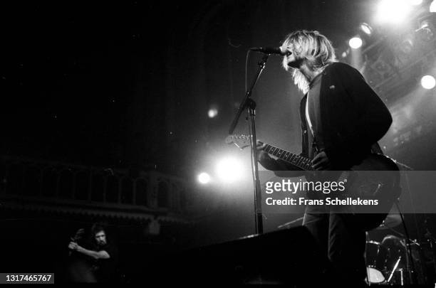 Krist Novoselic, bass and Kurt Cobain, guitar-vocal , of Nirvana perform at the Paradiso on 25th November 1991 in Amsterdam, Netherlands.