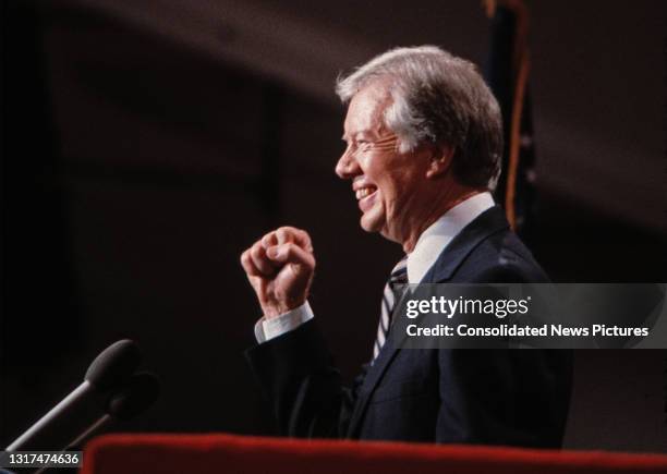 Former US President Jimmy Carter addresses the Democratic National Convention at the Moscone Center, San Francisco, California, July 16, 1984.