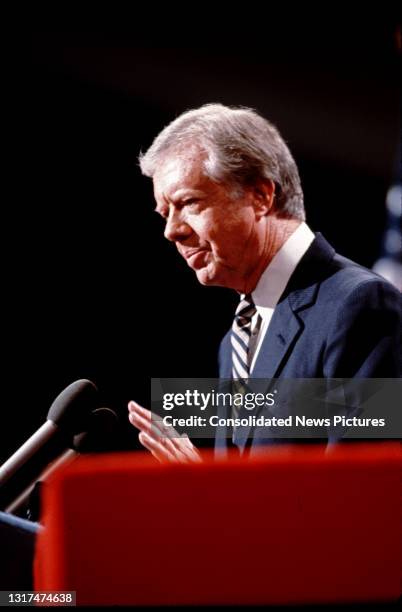 Former US President Jimmy Carter addresses the Democratic National Convention at the Moscone Center, San Francisco, California, July 16, 1984.