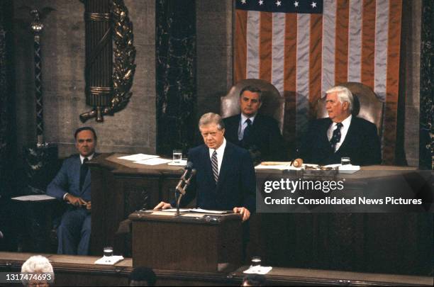 President Jimmy Carter addresses a Joint Session of Congress in the US House Chamber of the US Capitol, Washington DC, June 18, 1979. He was...