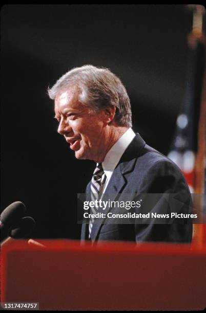 Former US President Jimmy Carter addresses the Democratic National Convention at the Moscone Center, San Francisco, California, July 16, 1984.