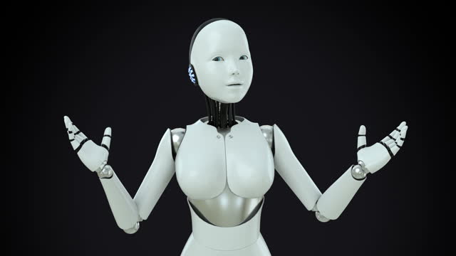 A humanoid robot talking to the camera. The girl robots speak and move like humans on the black background. 3d animation with alpha matte.