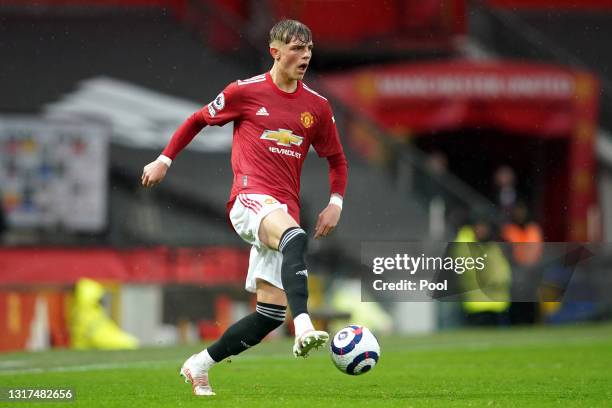 Brandon WIlliams of Manchester United on the ball during the Premier League match between Manchester United and Leicester City at Old Trafford on May...