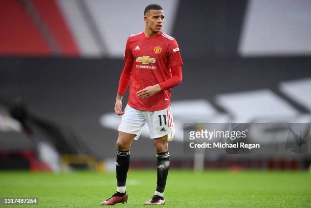 Mason Greenwood of Manchester United looks on during the Premier League match between Manchester United and Leicester City at Old Trafford on May 11,...