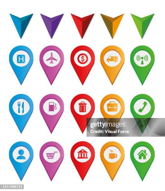 colorful flat design map pin icon set with attractions and national park points. map pointers thin line vector stock illustration. icon set contains of symbols of airport, restaurant, bank, hospital, café, shopping center, phone booth, wi-fi hotspot etc. - mall map stock illustrations