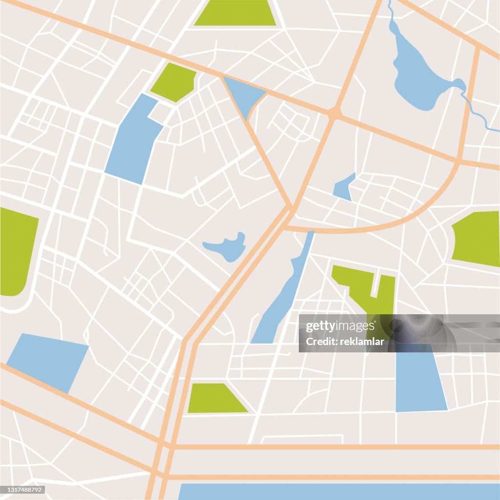 Abstract city map vector illustration. Town roads and residential blocks. Flat style detailed urban travel vector design background. Aerial View, Cartography.