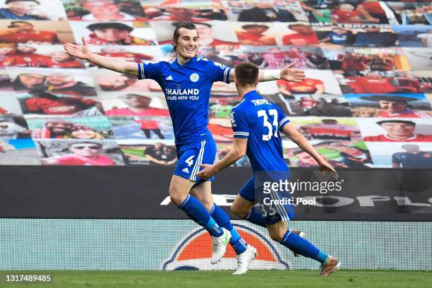 Caglar Soyuncu of Leicester City celebrates with team mate Luke Thomas after scoring their side's second goal during the Premier League match between...