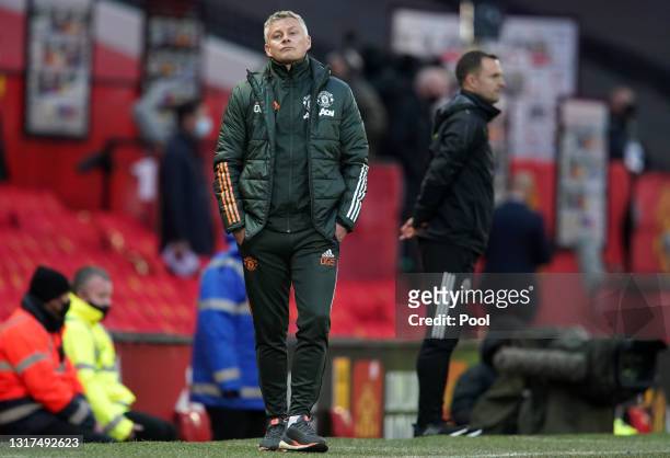 Ole Gunnar Solskjaer, Manager of Manchester United reacts during the Premier League match between Manchester United and Leicester City at Old...