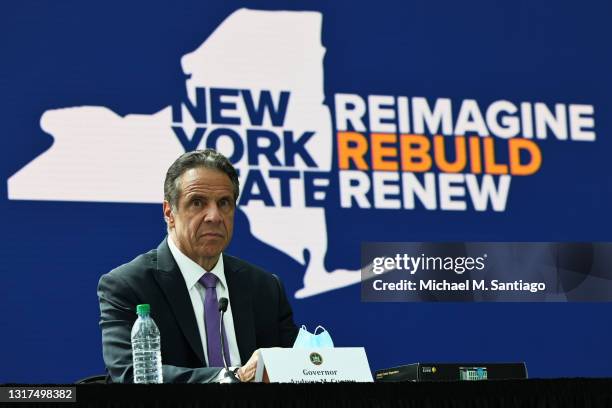 Gov. Andrew Cuomo takes questions from reproters during a press conference at the Javits Center in Manhattan on May 11, 2021 in New York City. Gov....