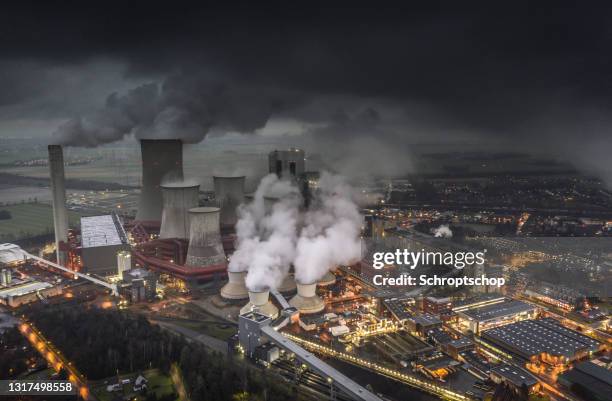 lignite power plant - aerial view - greenhouse gas stock pictures, royalty-free photos & images