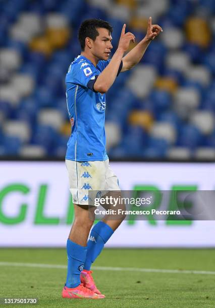 Hirving Lozano of SSC Napoli celebrates after scoring their side's third goal during the Serie A match between SSC Napoli and Udinese Calcio at...