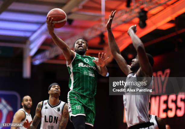 Ricky Mcgill of Plymouth Raiders drives during the BBL Play-Off Semi-Final match between London Lions and Plymouth Raiders at Morningside Arena on...