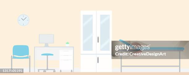bildbanksillustrationer, clip art samt tecknat material och ikoner med tomt läkarkontor med bord, stol, kabinett och undersökningsbord - läkarmottagning