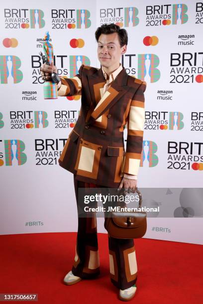 Harry Styles wins the Mastercard British Single award for Watermelon Sugar during The BRIT Awards 2021 at The O2 Arena on May 11, 2021 in London,...