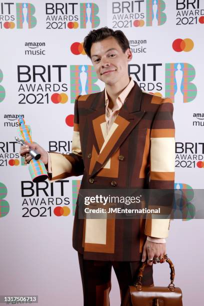 Harry Styles wins the Mastercard British Single award for Watermelon Sugar during The BRIT Awards 2021 at The O2 Arena on May 11, 2021 in London,...