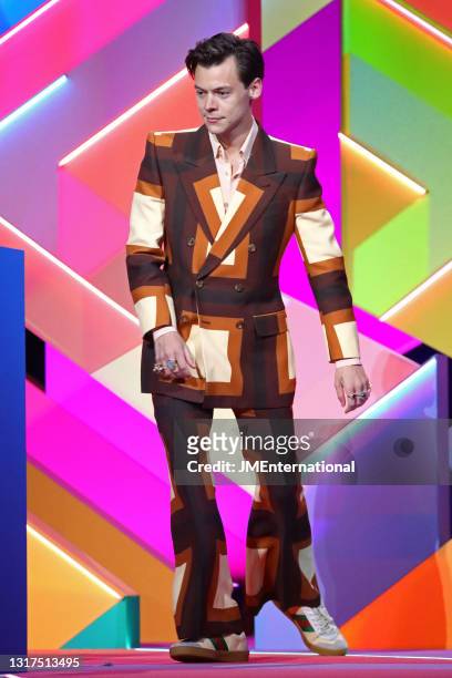 Harry Styles wins the Mastercard British Single award for Watermelon Sugar during The BRIT Awards 2021 at The O2 Arena on May 11, 2021 in London,...