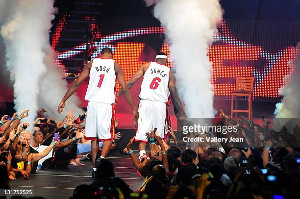 Chris Bosh and LeBron James attend HEAT Summer of 2010 Welcome Event at AmericanAirlines Arena on July 9, 2010 in Miami, Florida.